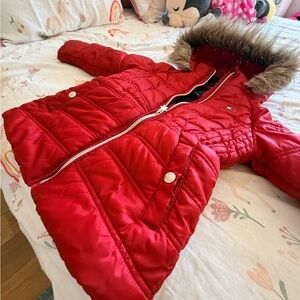 Tommy Hilfiger Red Quilted Hooded Puffer Coat with Faux Fur Trim